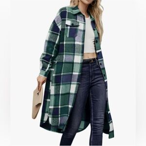 Womens Plaid Print Button Front Split Long Sleeve Coat Lapel Button Down Flannel